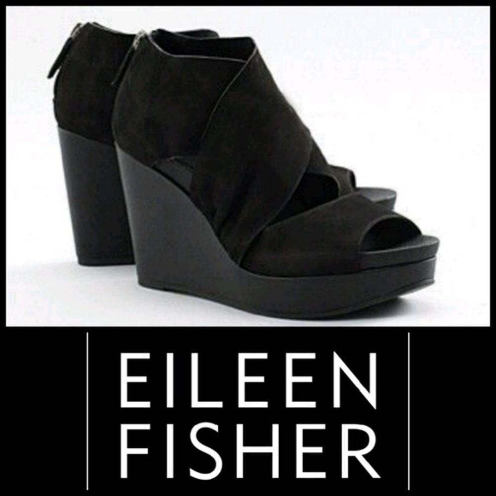 Eileen Fisher Draw Black Suede Wedge Sandals. 7.5